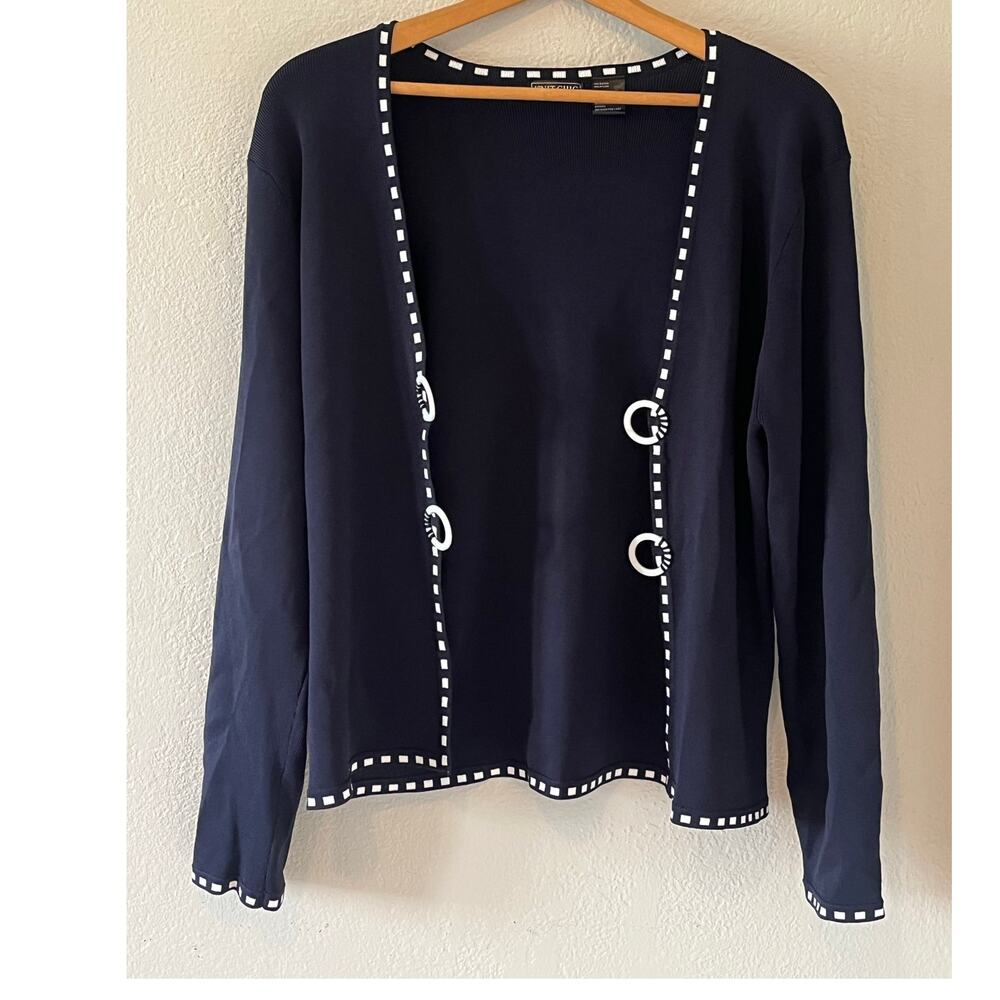 Women's Knit Chic Navy Open Front Coastal Theme Cardigan‎ Sweater Size Large